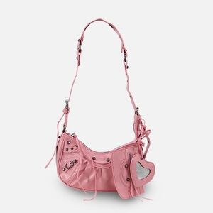 COSMIC STUDDED PURSE AND MIRROR DETAIL SHOULDER BAG IN PINK FAUX LEATHER